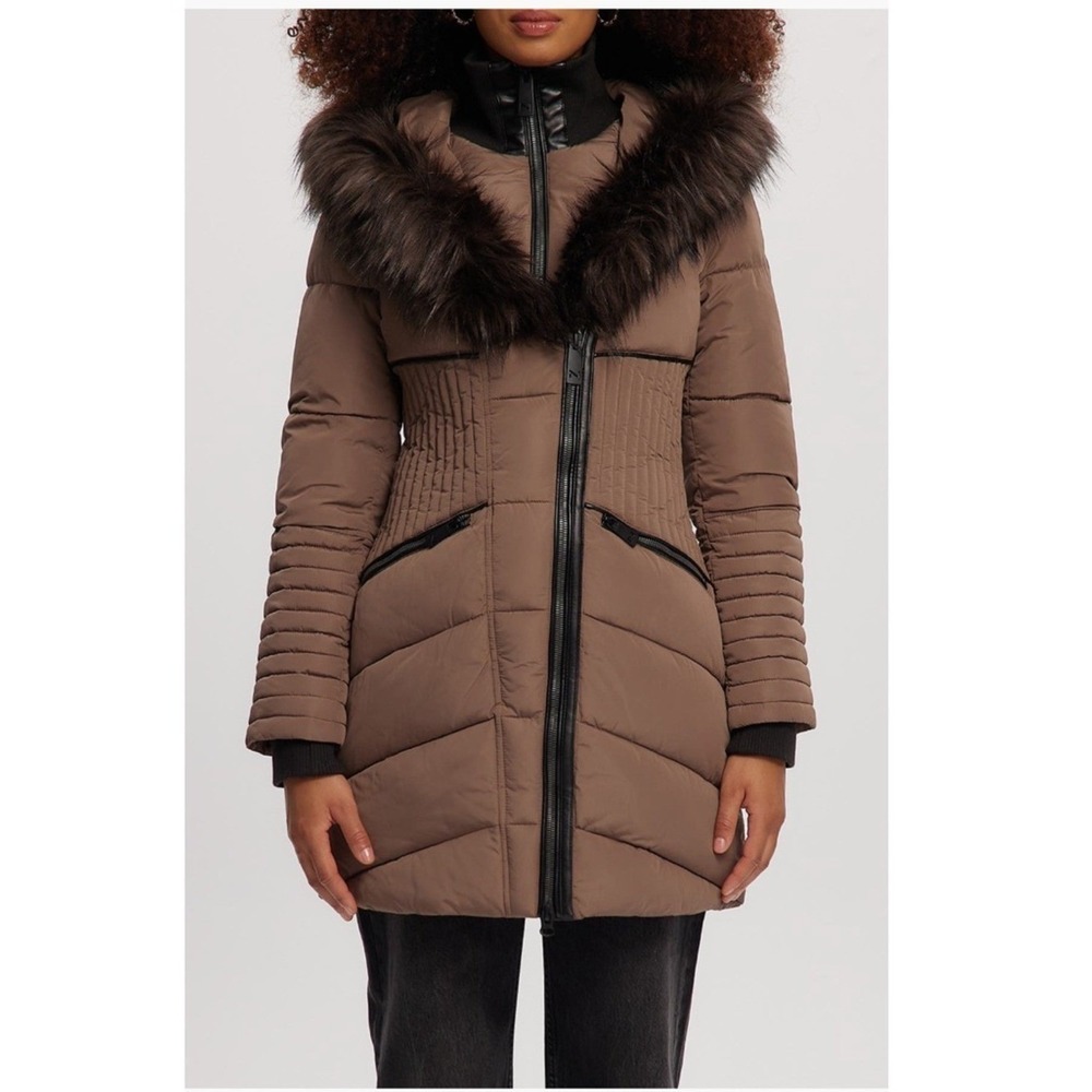 Noize Gigi Vegan Faux Fur Trim Quilted Parka Coat, Size Medium (8-10), Mocha NWT